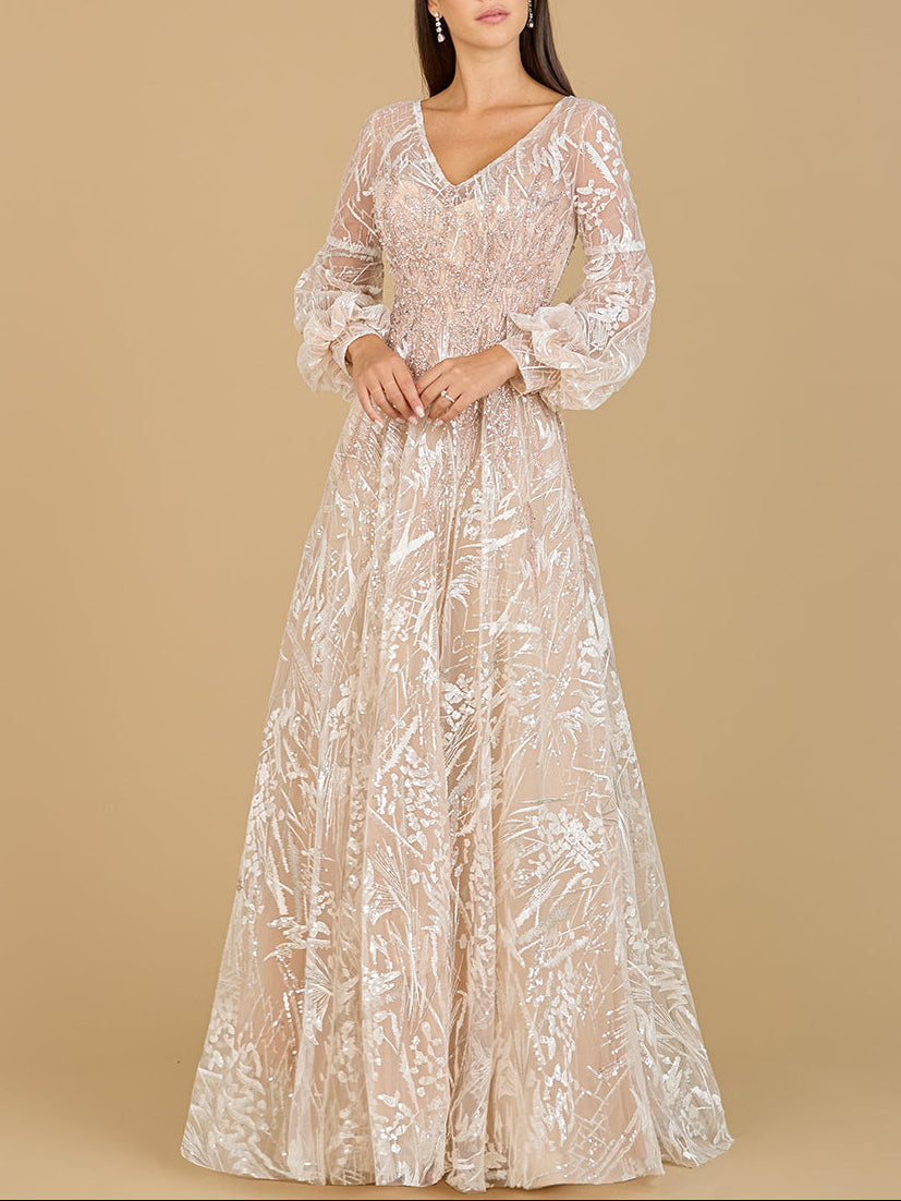 V Neckline Long Sleeve Gown