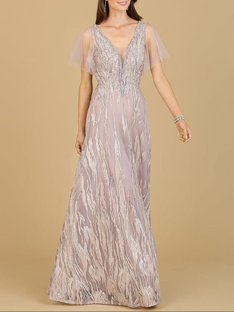 Cape Sleeve V-Neck Gown  - OUTLET
