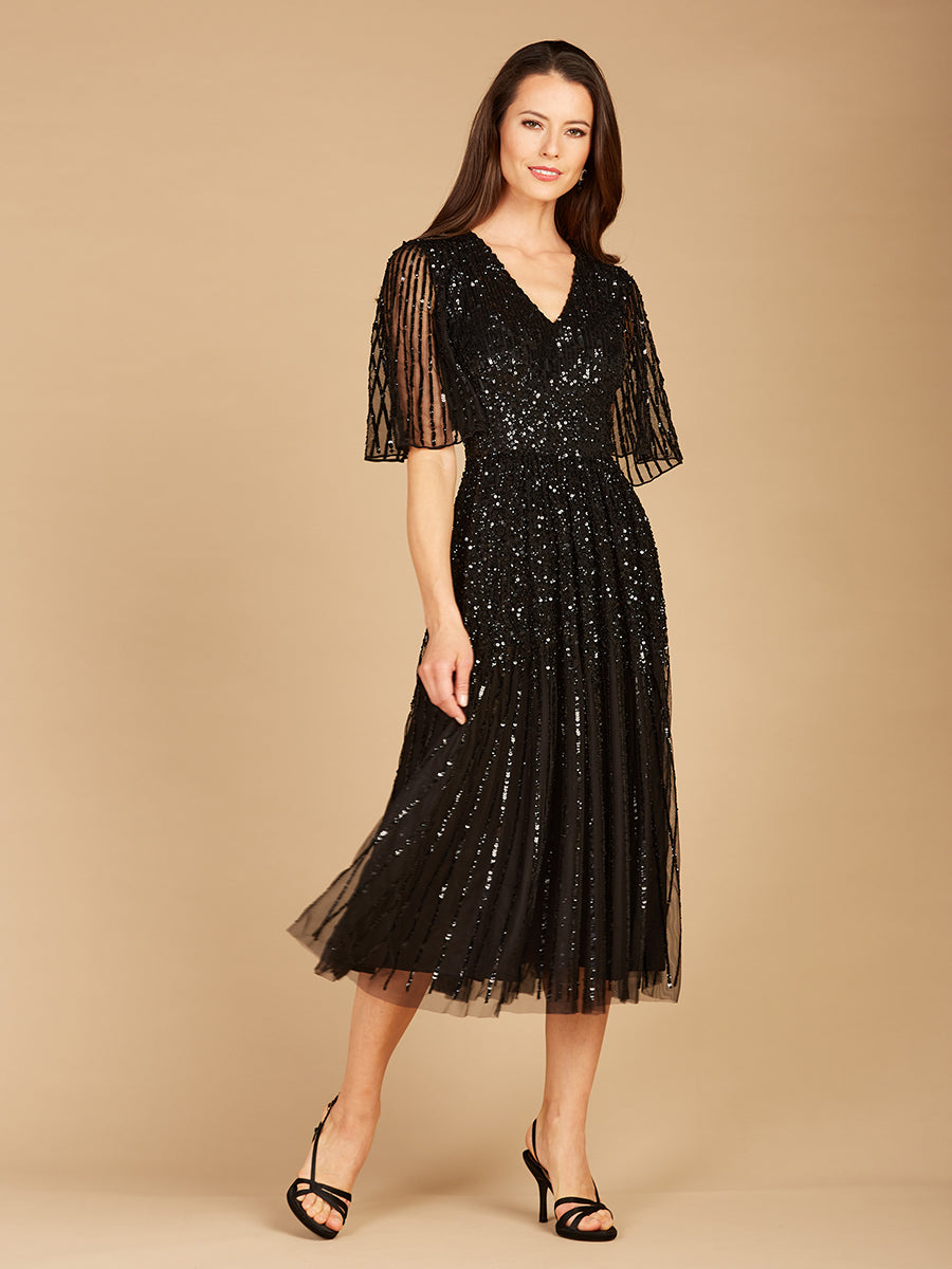 Lara Women's Flowing, Sequin Midi Dress with Short Sleeves - Champagne