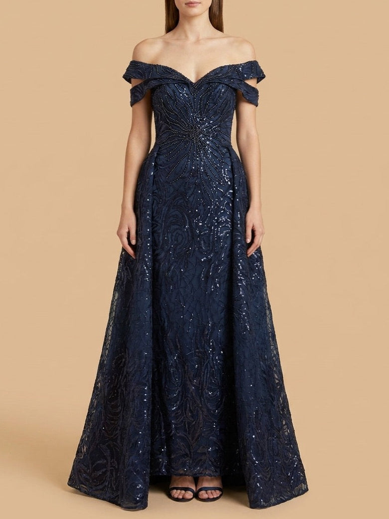 Off Shoulder Mermaid Lace Gown with Overskirt