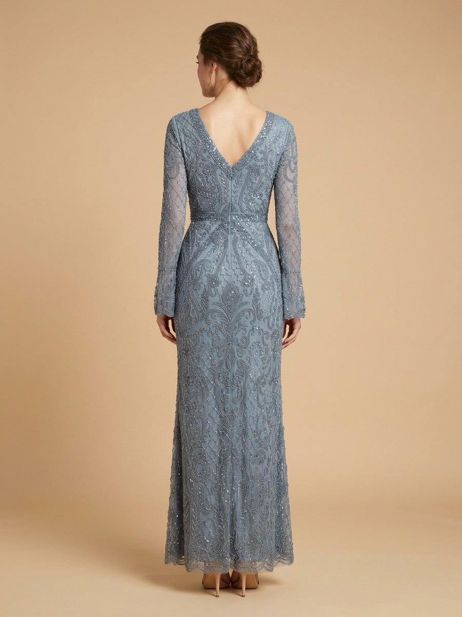 Long Bell Sleeve V-Neck Beaded Gown | 29358