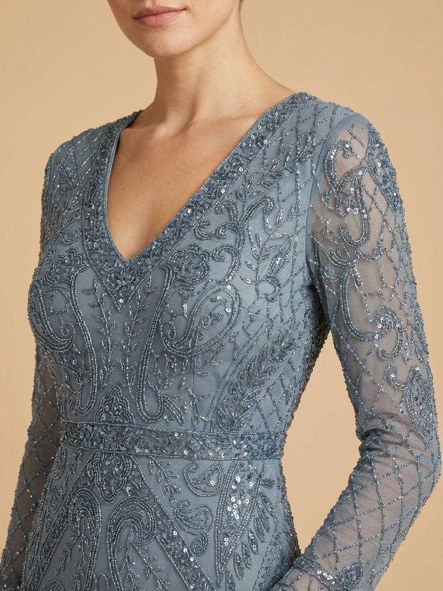 Long Bell Sleeve V-Neck Beaded Gown | 29358