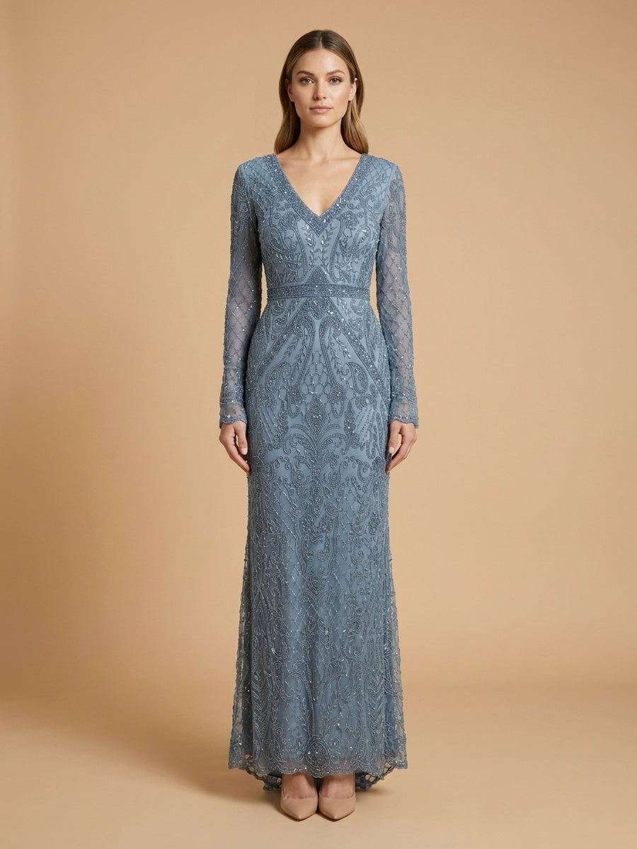 Long Bell Sleeve V-Neck Beaded Gown | 29358