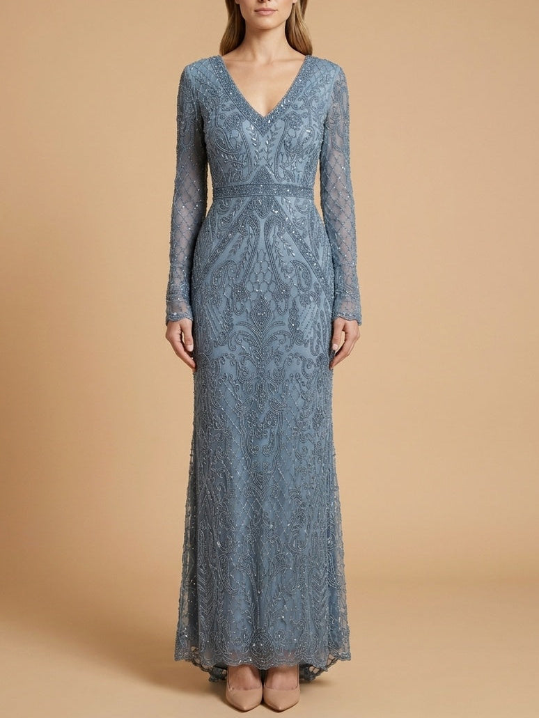 Long Bell Sleeve V-Neck Beaded Gown | 29358
