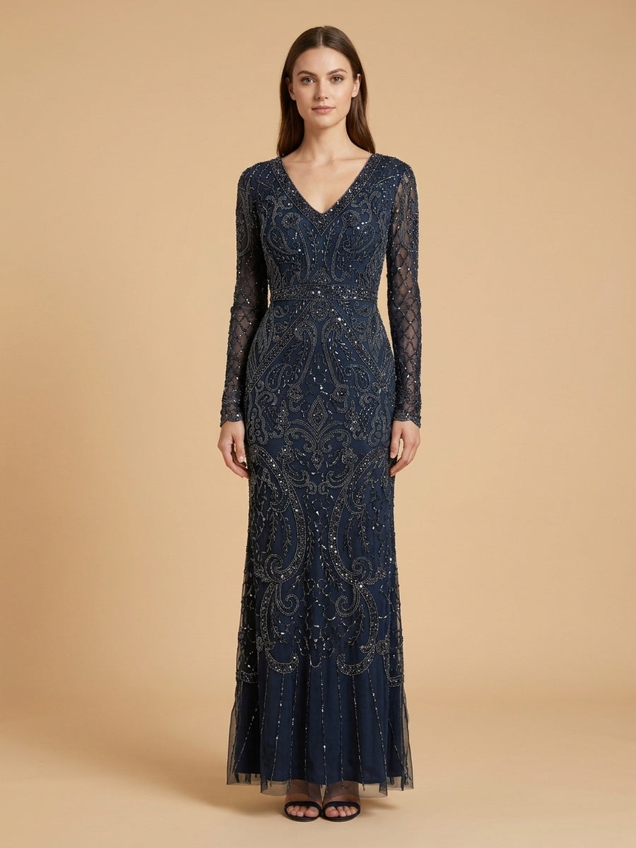 Long Bell Sleeve V-Neck Beaded Gown | 29358