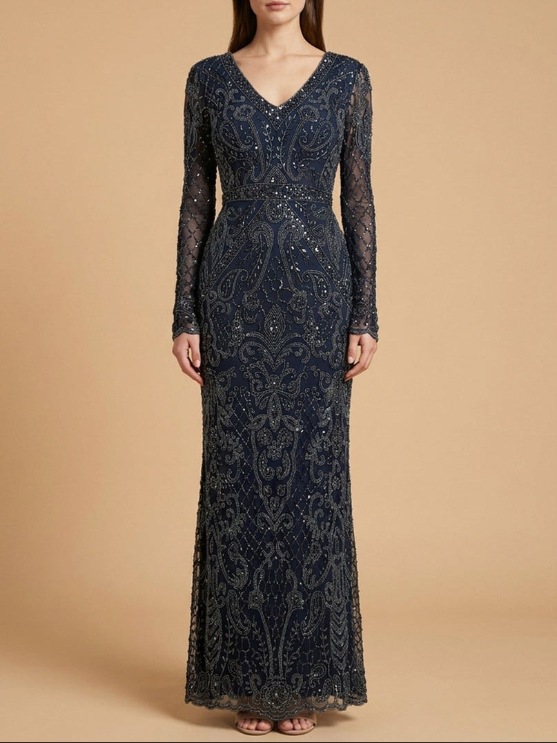 Long Bell Sleeve V-Neck Beaded Gown | 29358
