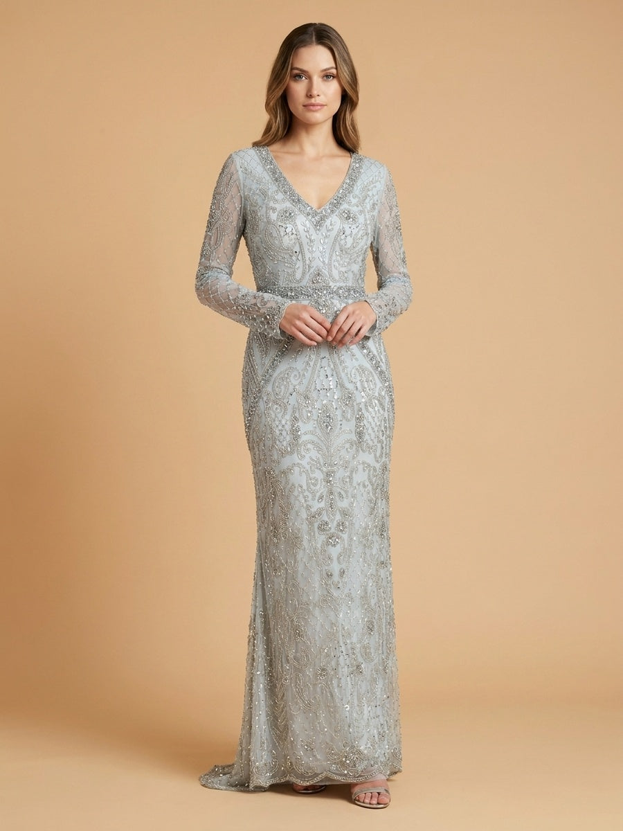 Long Bell Sleeve V-Neck Beaded Gown | 29358