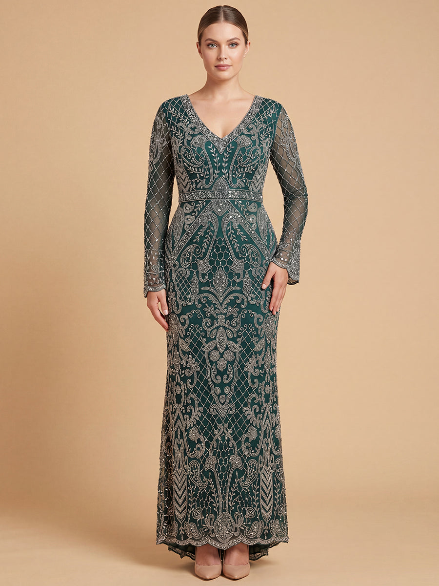 Long Bell Sleeve V-Neck Beaded Gown | 29358