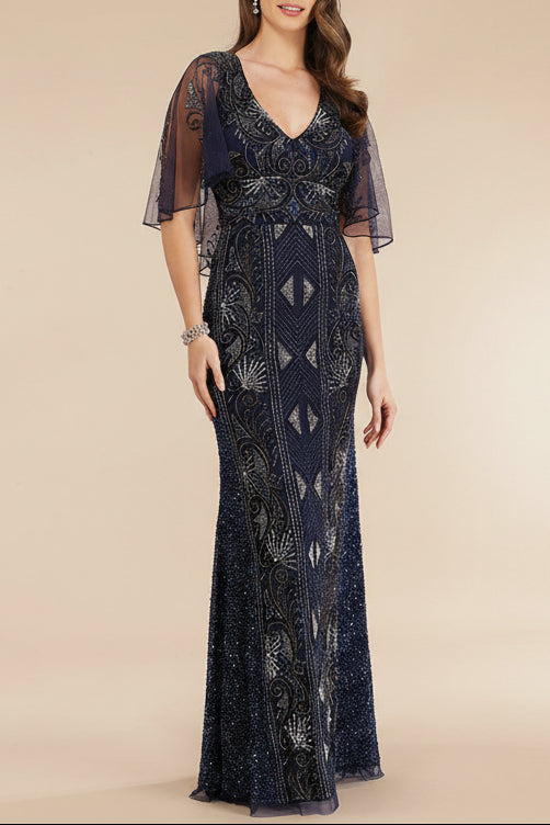 Lara 29393 - Cape Sleeve Beaded Gown