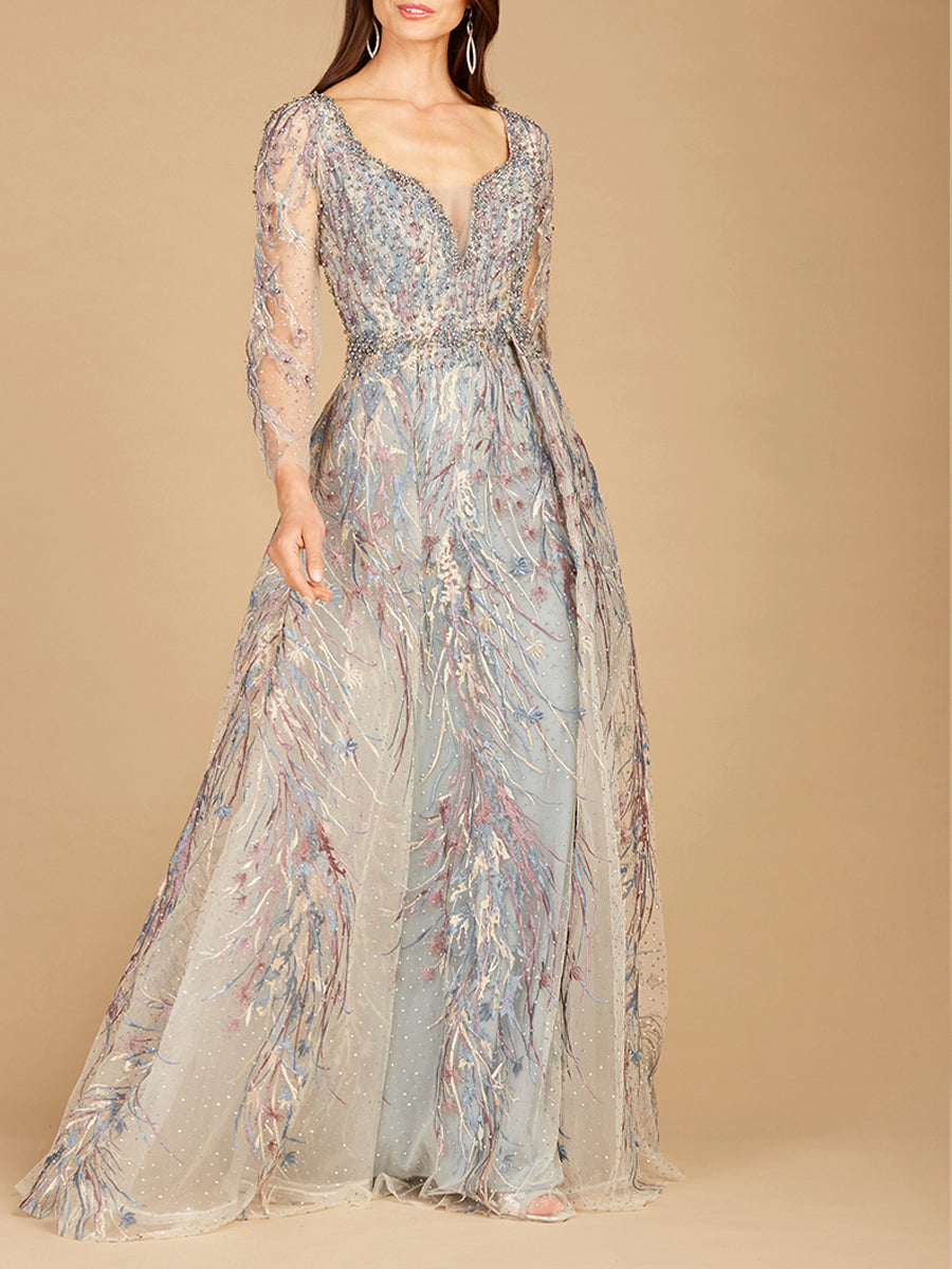 Long Sleeve Contrast Embroidered Gown with Overskirt