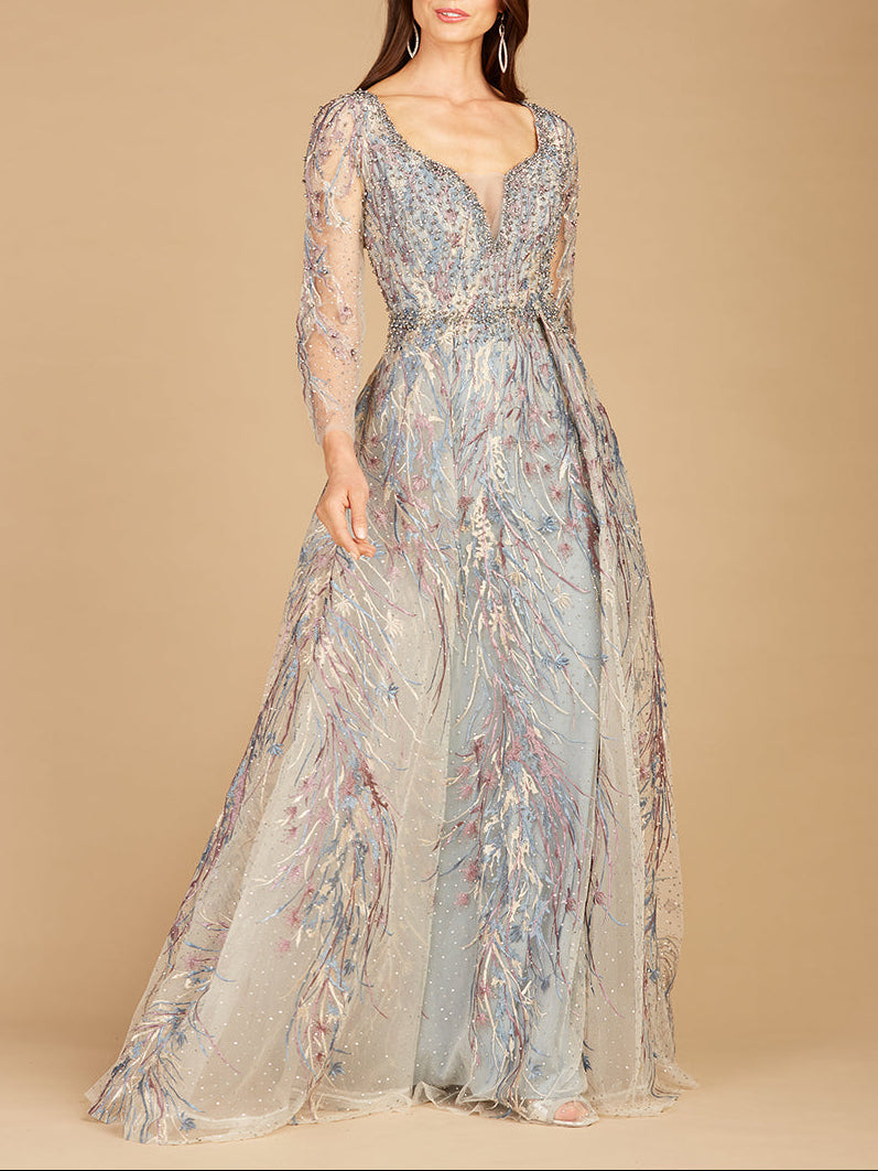 Long Sleeve Contrast Embroidered Gown with Overskirt