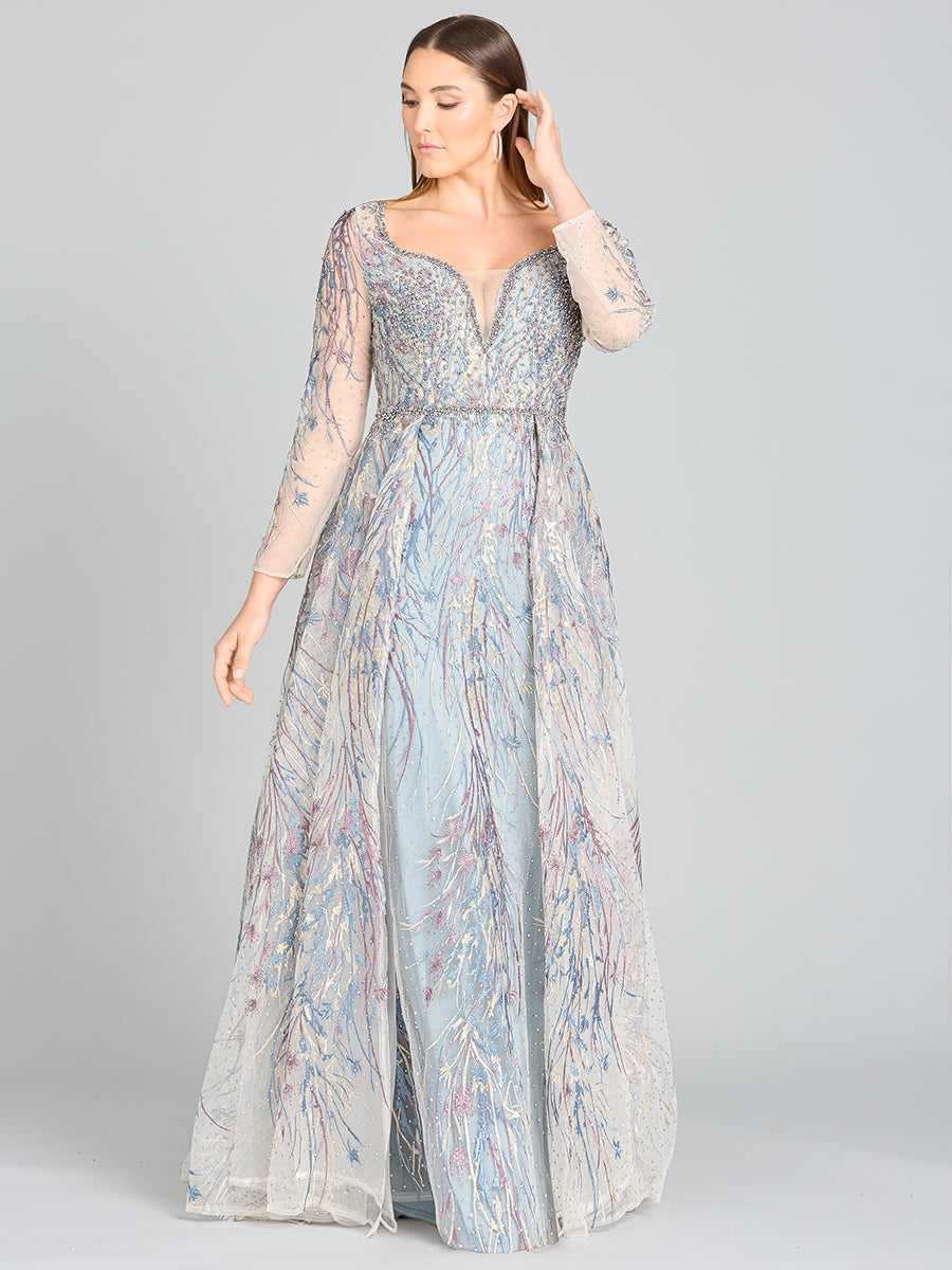 Long Sleeve Contrast Embroidered Gown with Overskirt