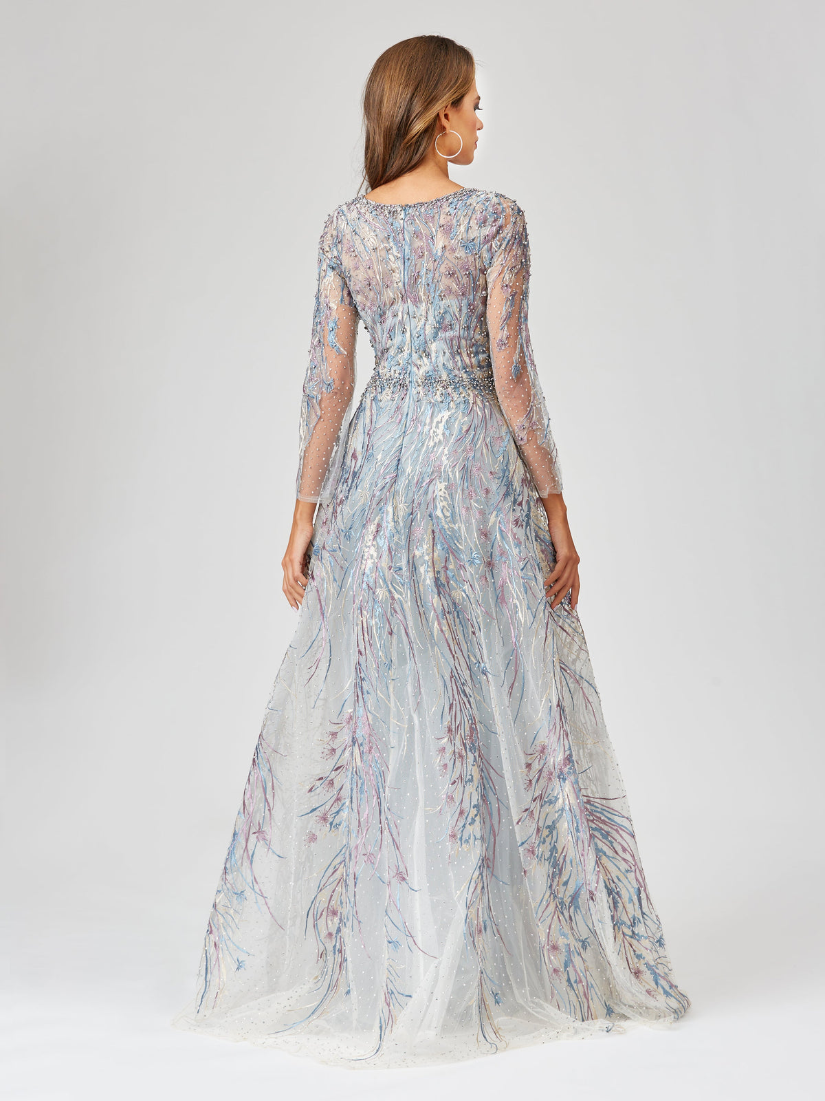 Long Sleeve Contrast Embroidered Gown with Overskirt