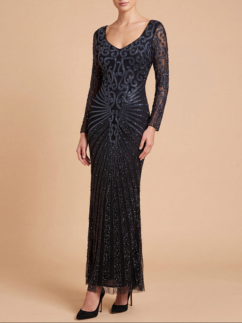Lara 29602 - V Neck Beaded Long Sleeve Dress