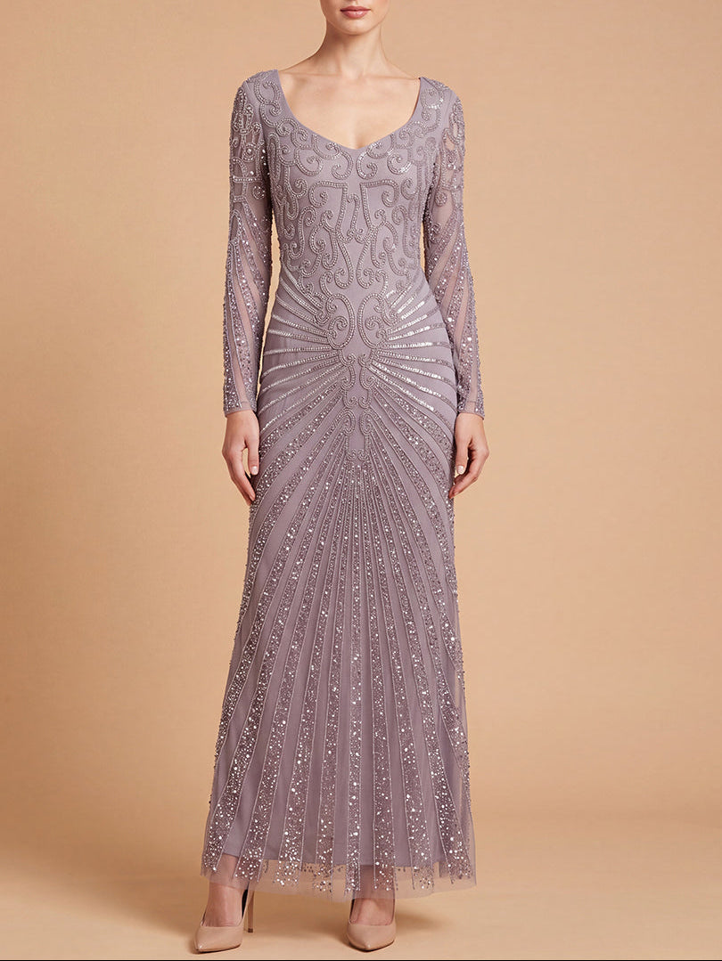 Lara 29602 - V Neck Beaded Long Sleeve Dress