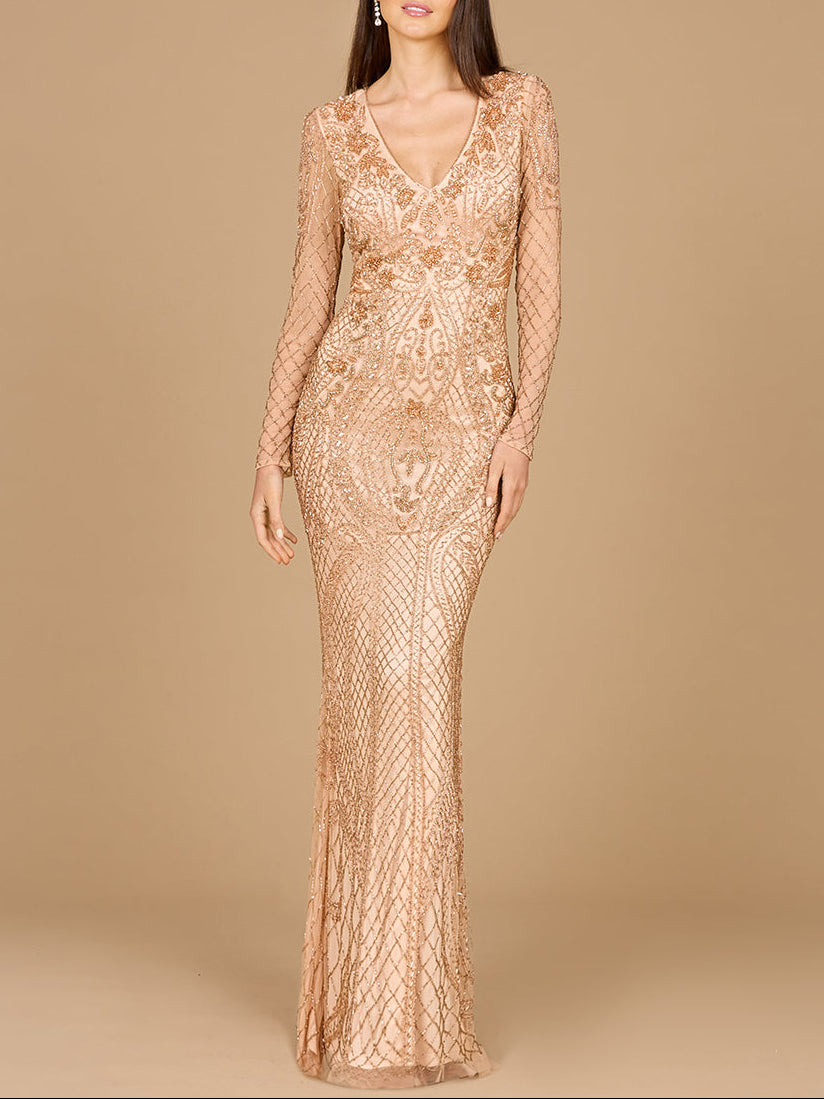 Lara 29615 - Long Sleeve Beaded Dress