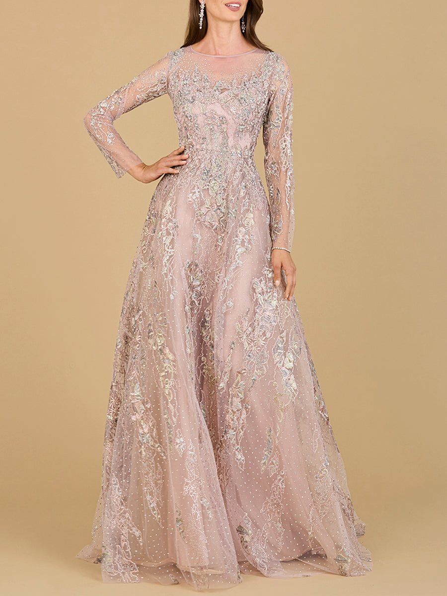 Lara 29618 - Beaded Long Sleeve A-line Dress