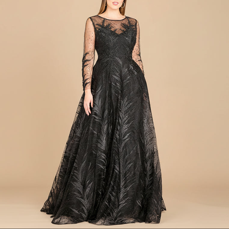Lara 29761 - High Neck Sheer Long Sleeve Embellished Gown