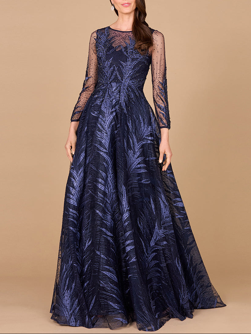 Lara 29761 - High Neck Sheer Long Sleeve Embellished Gown