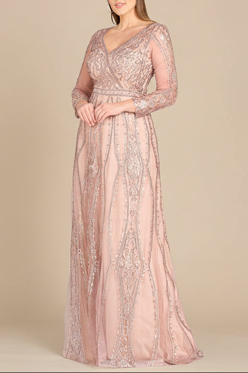 Lara 29788 - Long Illusion Sleeves, A-line Long Gown