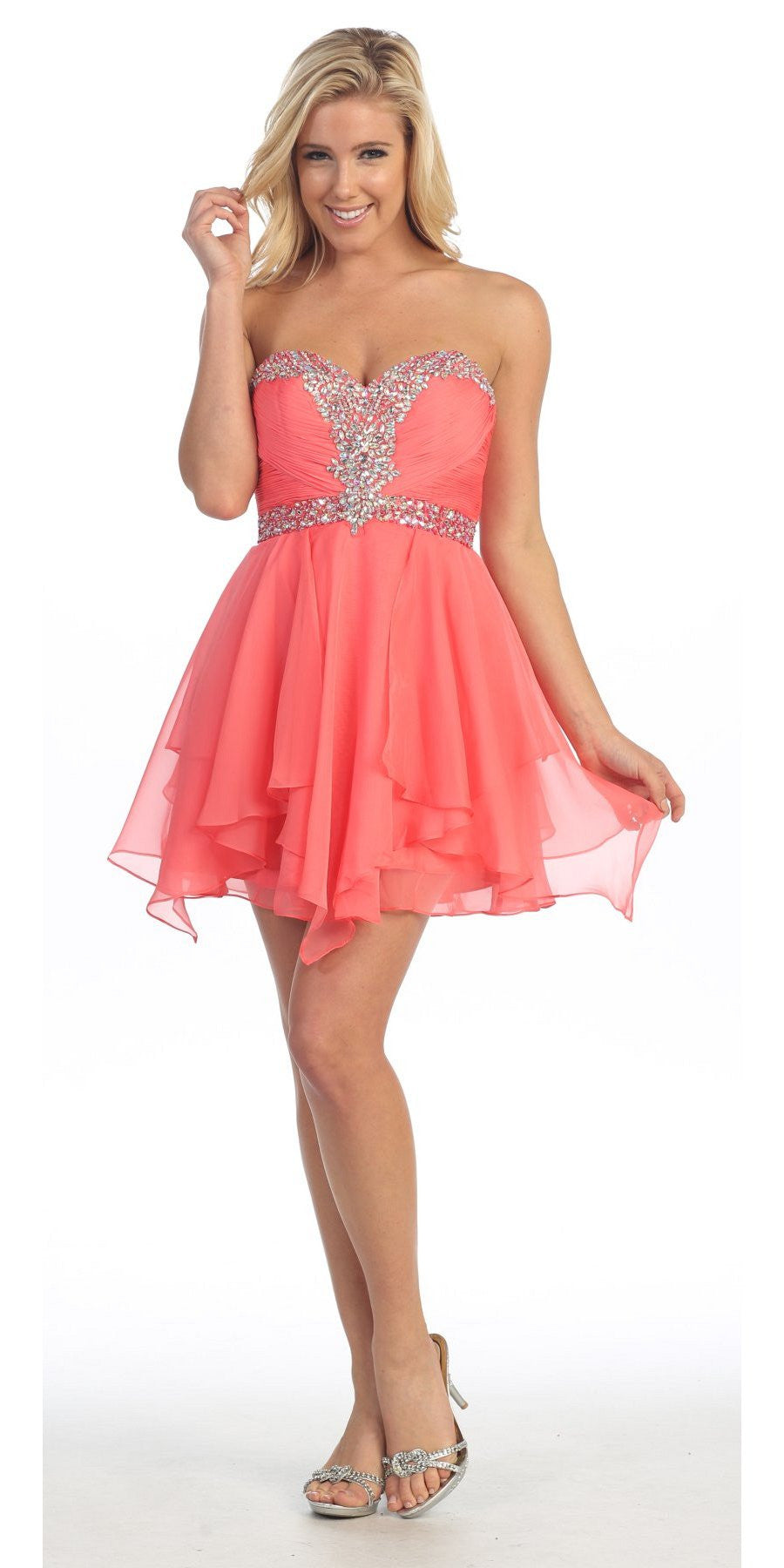 CLEARANCE - Celavie 3005s Short Coral A-Line Dress Sweetheart Rhinestone (Size S)