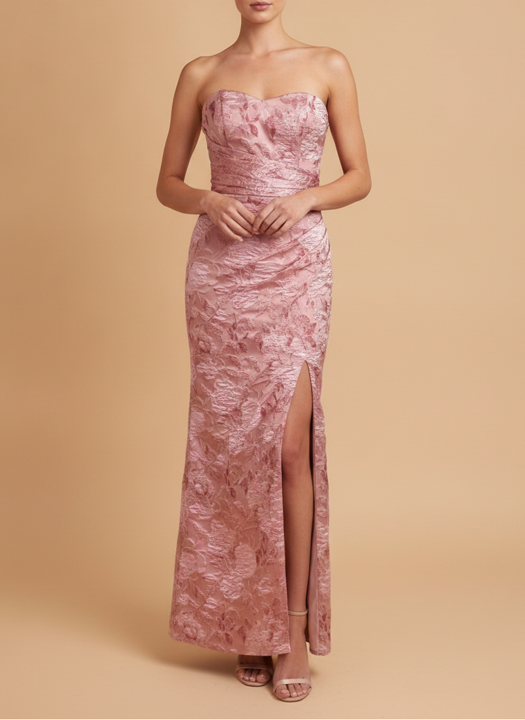 Lara Strapless Brocade Gown with Back Skirt | 400015