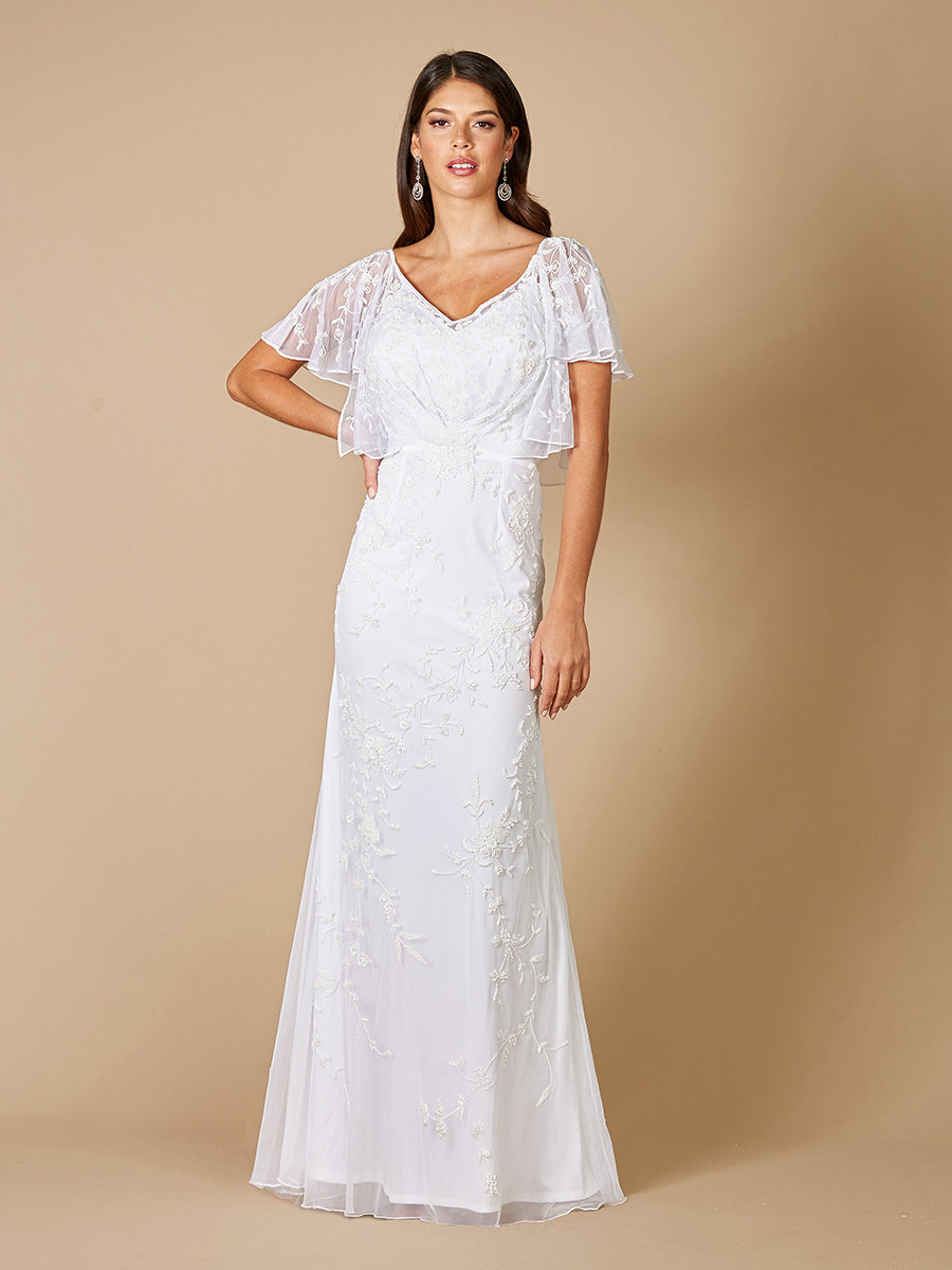 lara danika floral beaded sheath wedding dress Lara 29892 Danika Floral Beaded Sheath Beaded Dress with Beaded Fringe White / 4
