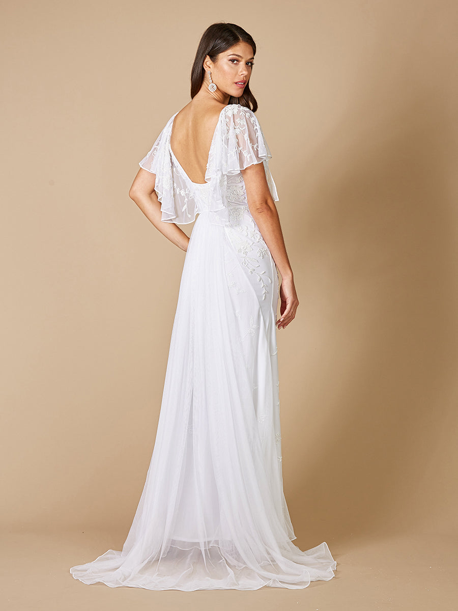 beaded flutter sleeve wedding dress Beaded A-Line Boho Wedding Dress with Plunging V-Neck & Flutter Sle... 14