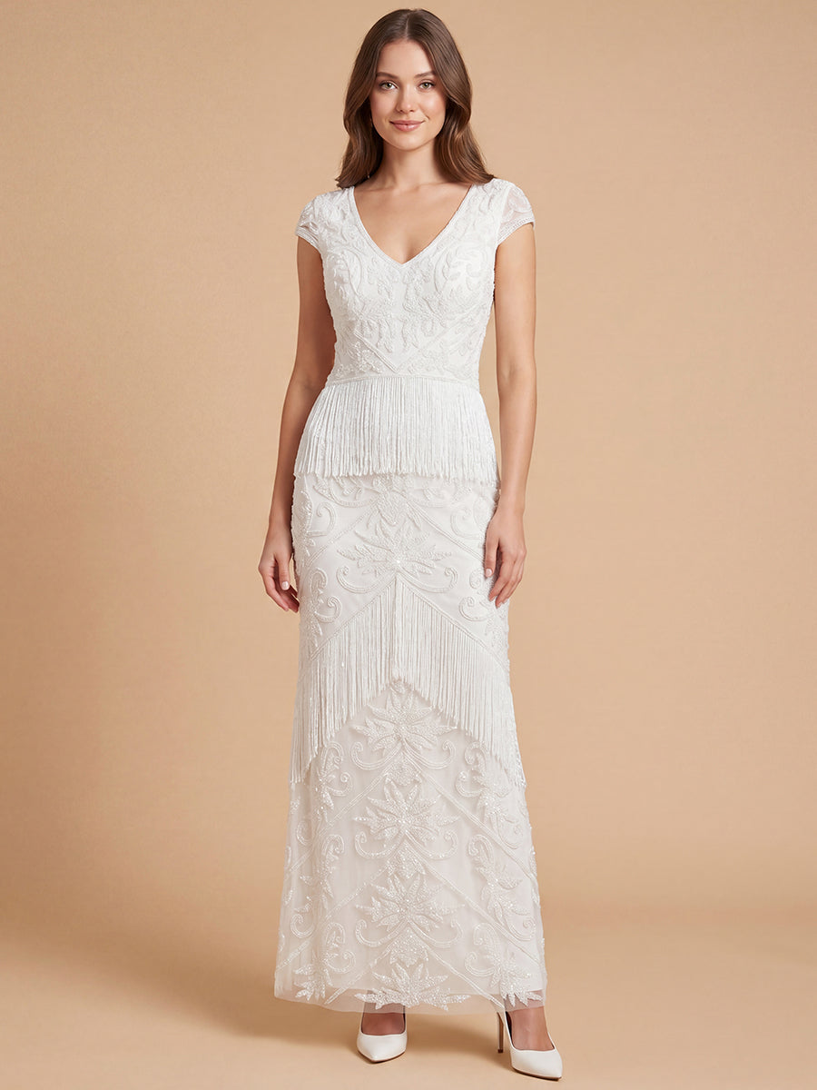 Cap Sleeve Bridal Beaded Gown with Fringe | Lara 51222