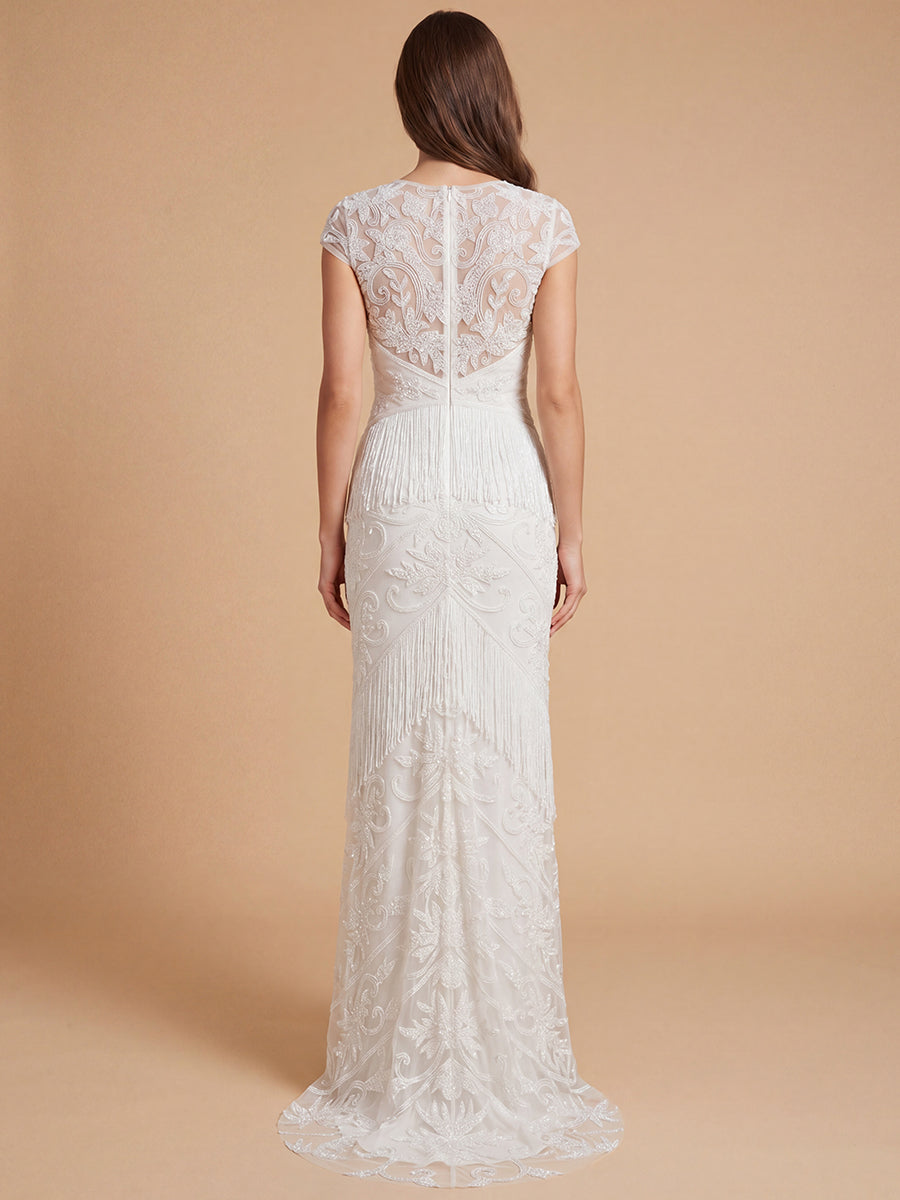 Cap Sleeve Bridal Beaded Gown with Fringe | Lara 51222