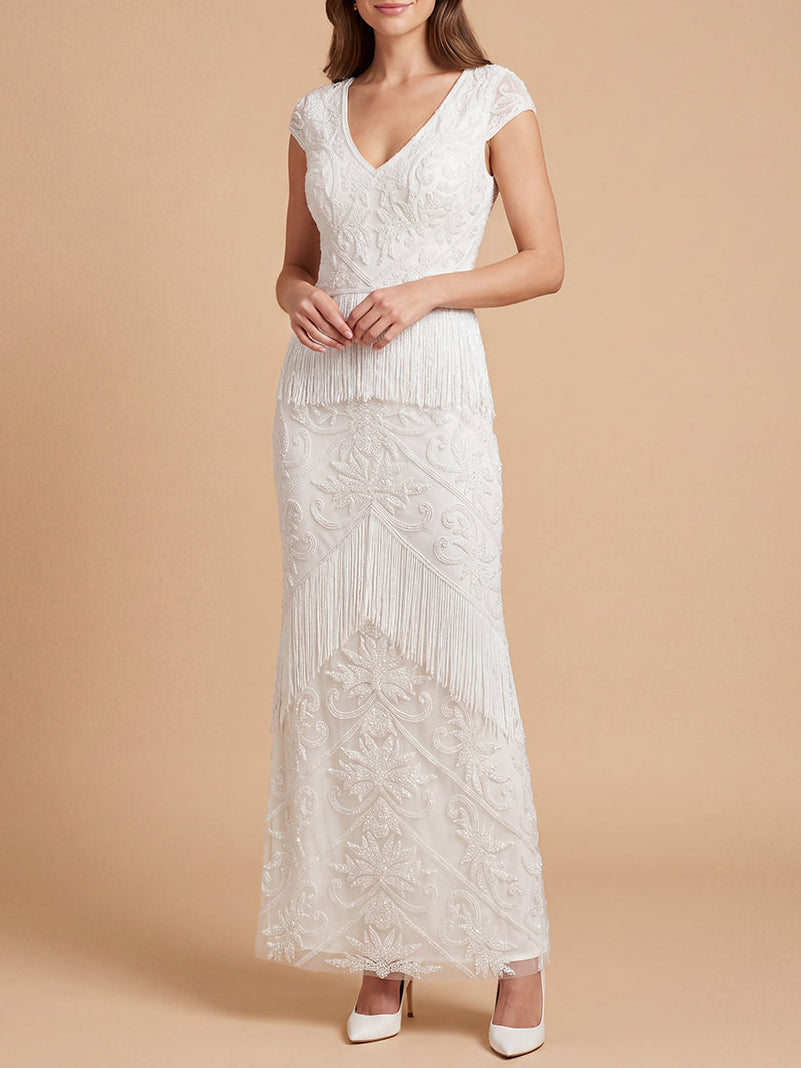 Cap Sleeve Bridal Beaded Gown with Fringe | Lara 51222