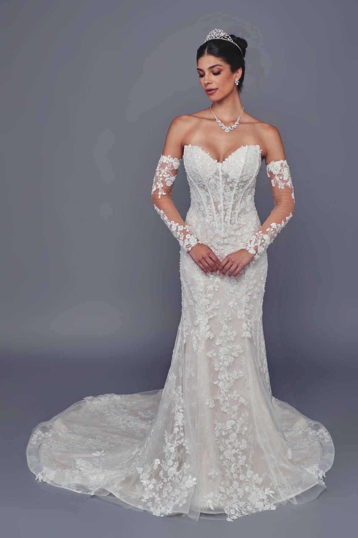 Deklaire Bridal 522 Beaded Lace Mermaid Wedding Dress with Sweetheart Neckline & Detachable Sleeves