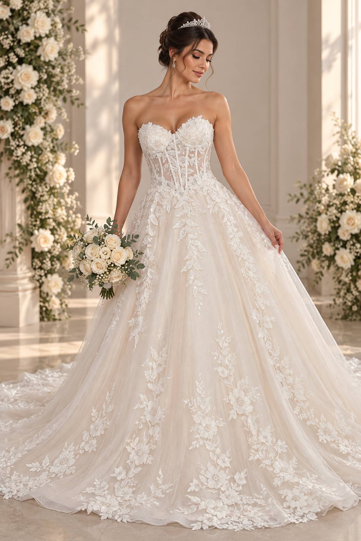 Deklaire Bridal 524 Strapless Sweetheart Lace Ballgown Wedding Dress with Chapel Train
