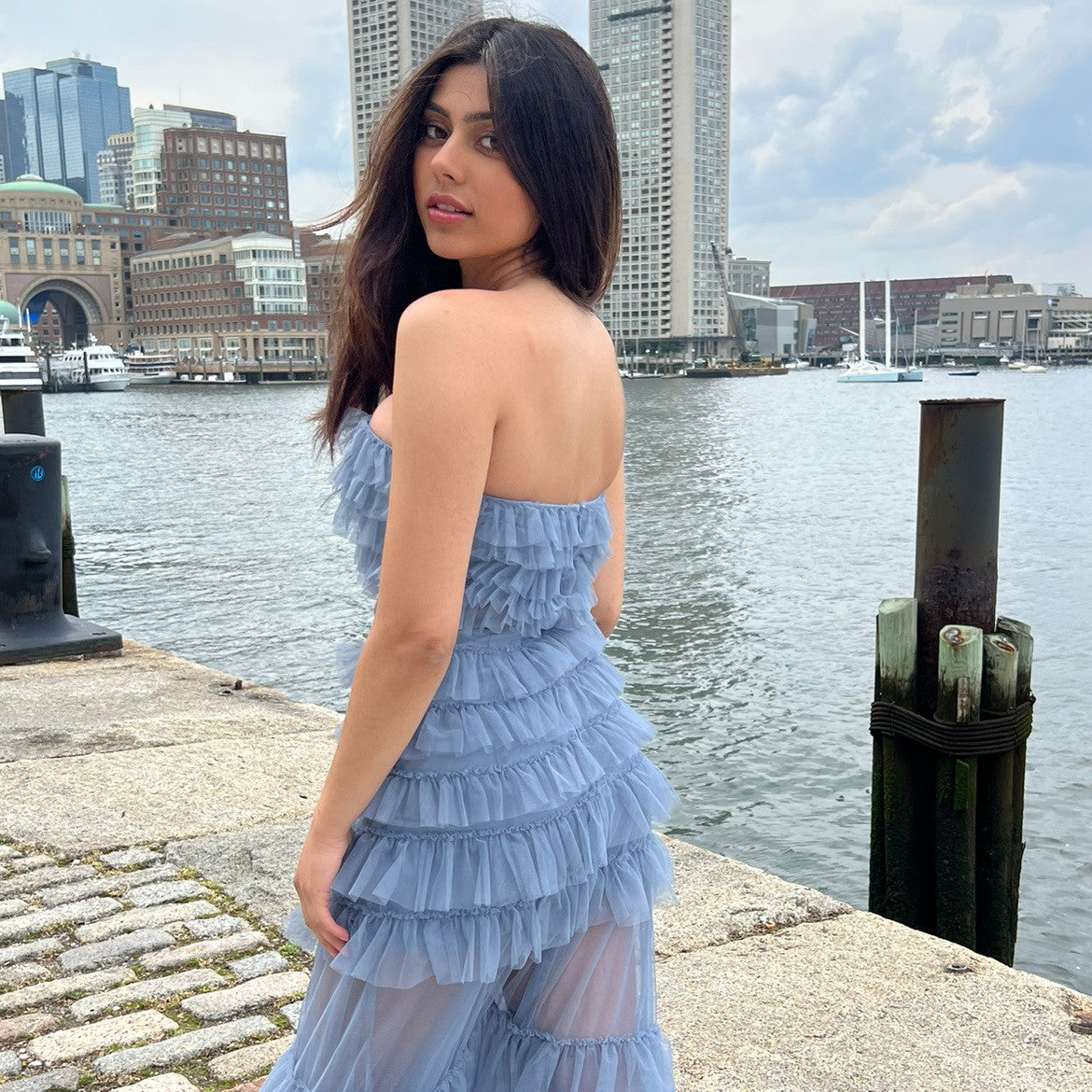 Georgia Maxi Dress - Smoky Blue - Ruffle Tulle Dress With Sheer Detail - FINAL SALE