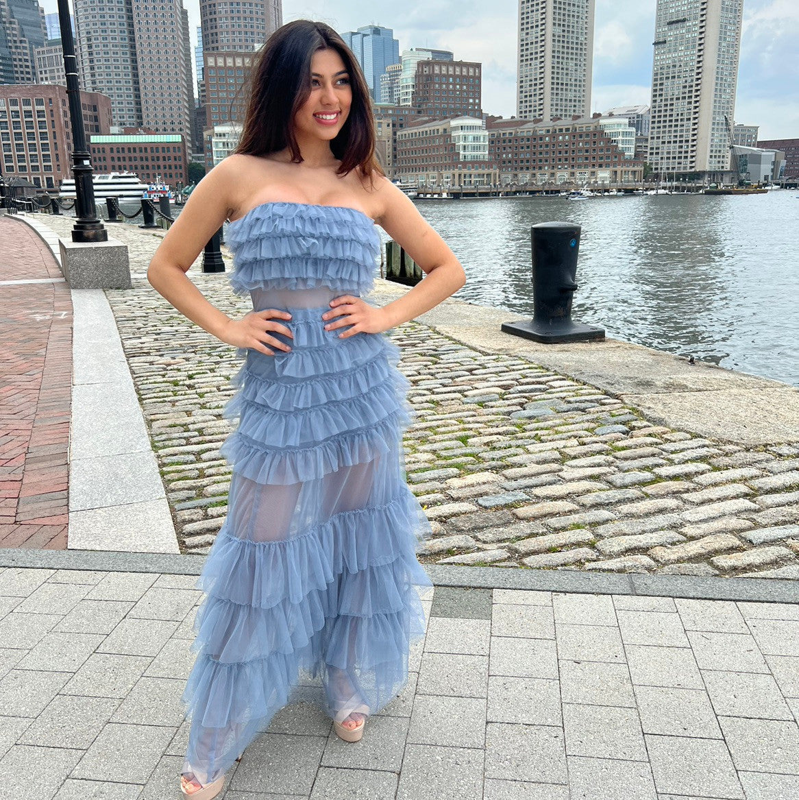 Georgia Maxi Dress - Smoky Blue - Ruffle Tulle Dress With Sheer Detail - FINAL SALE