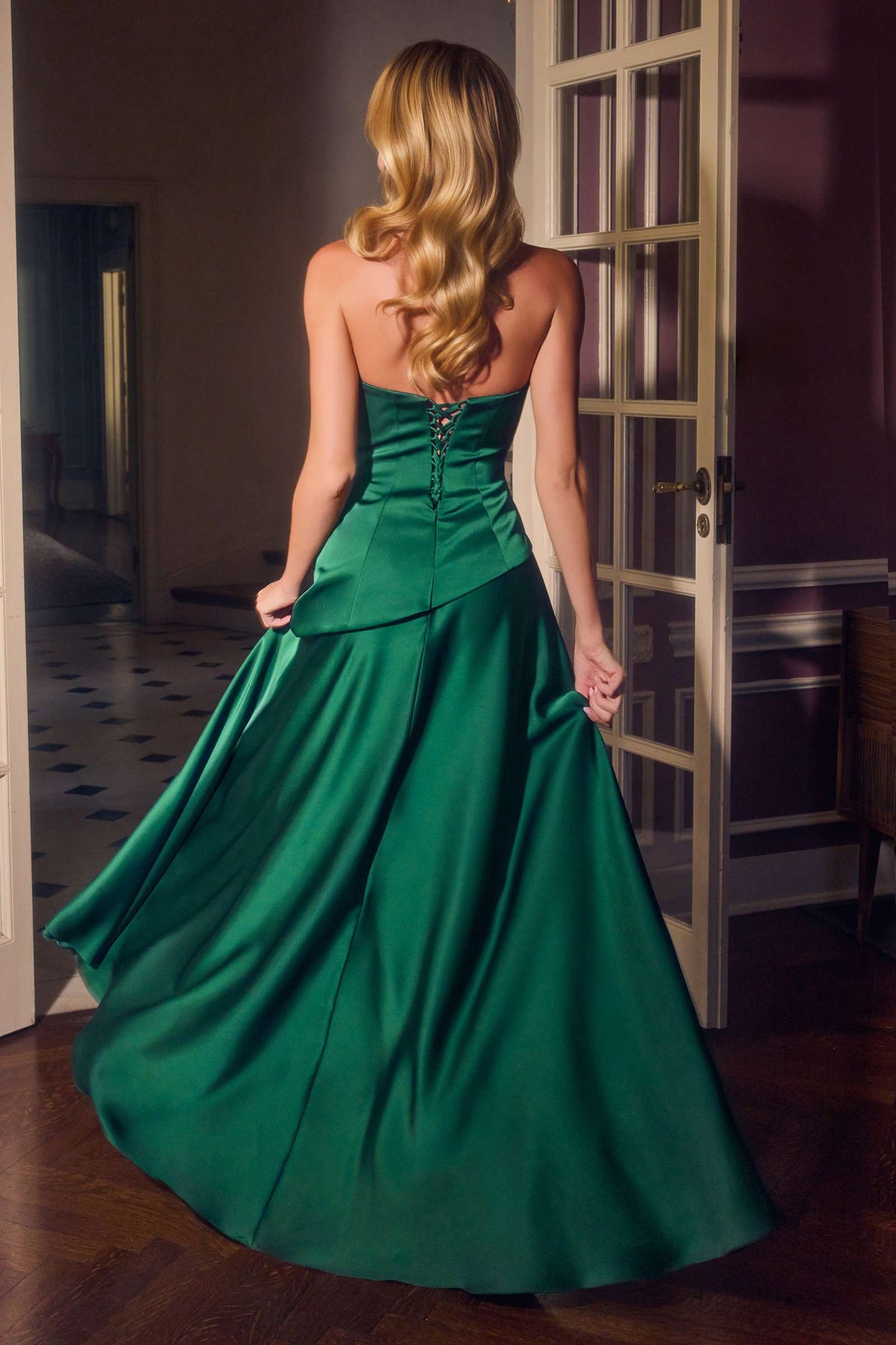 Ladivine 7432 Strapless Satin A-Line Dress Sculpted Fitted Bodice