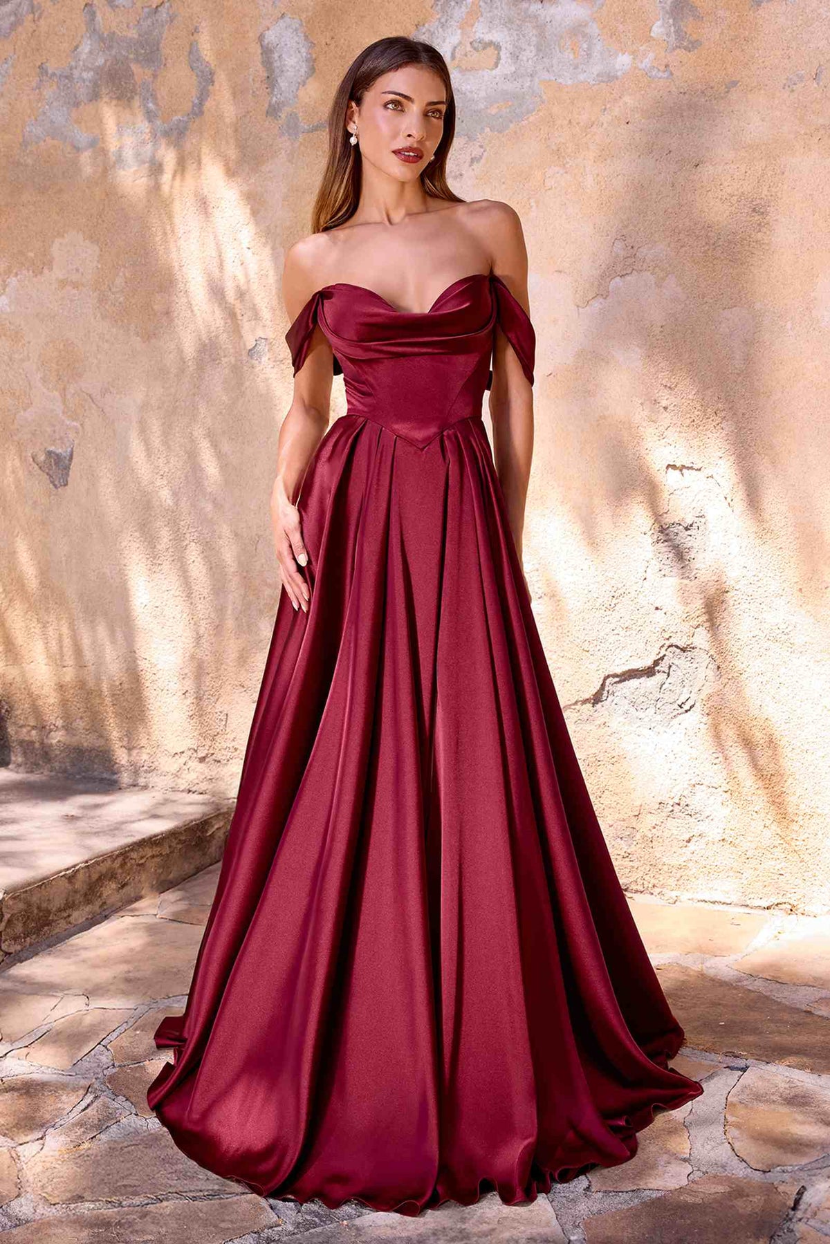 Ladivine 7449 A-Line Fitted Bodice Off the Shoulder Satin Dress