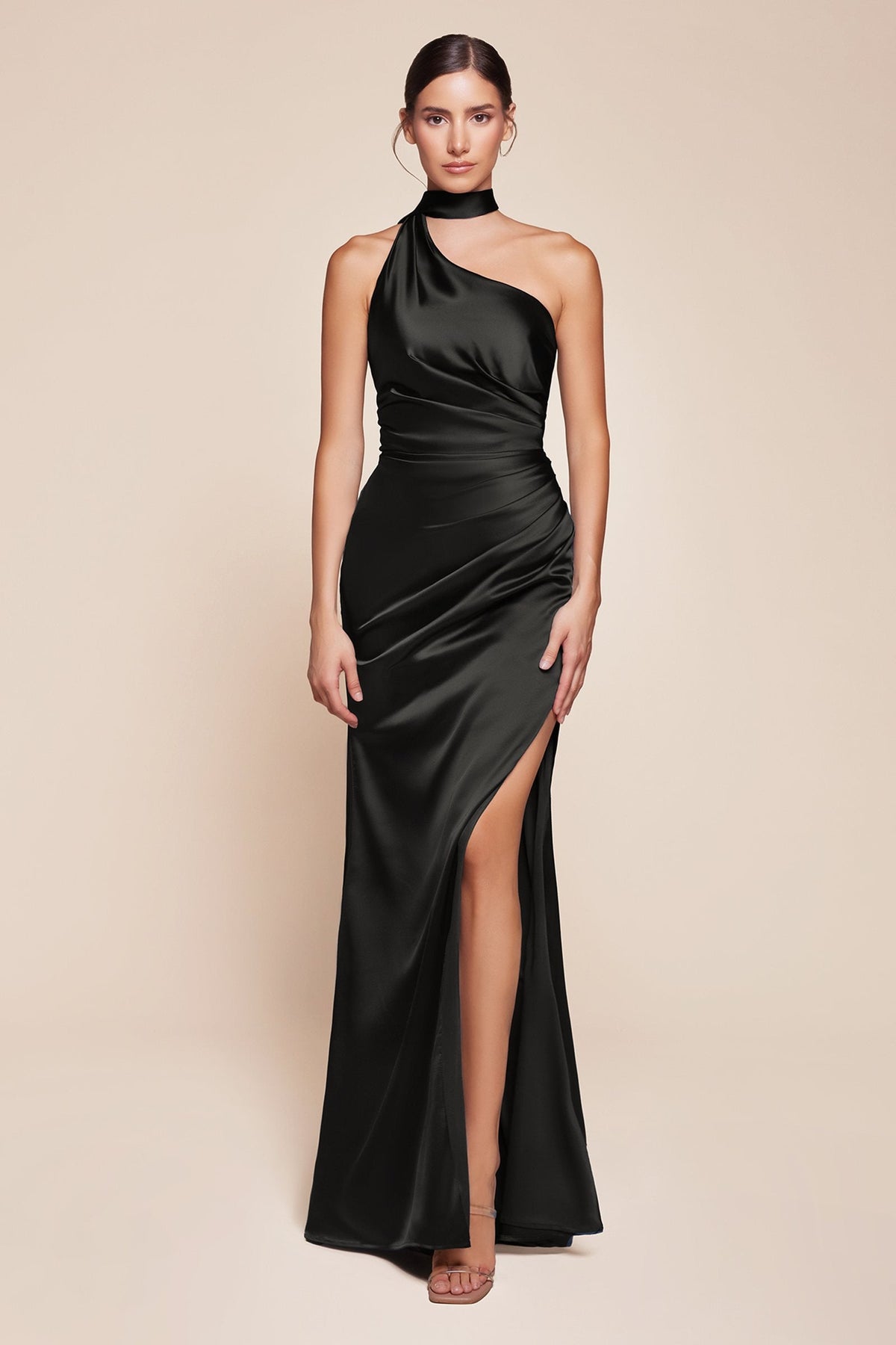 CLEARANCE - Ladivine 7454 Dress One Shoulder Luxe Black Satin Fitted Gown (Size 14)