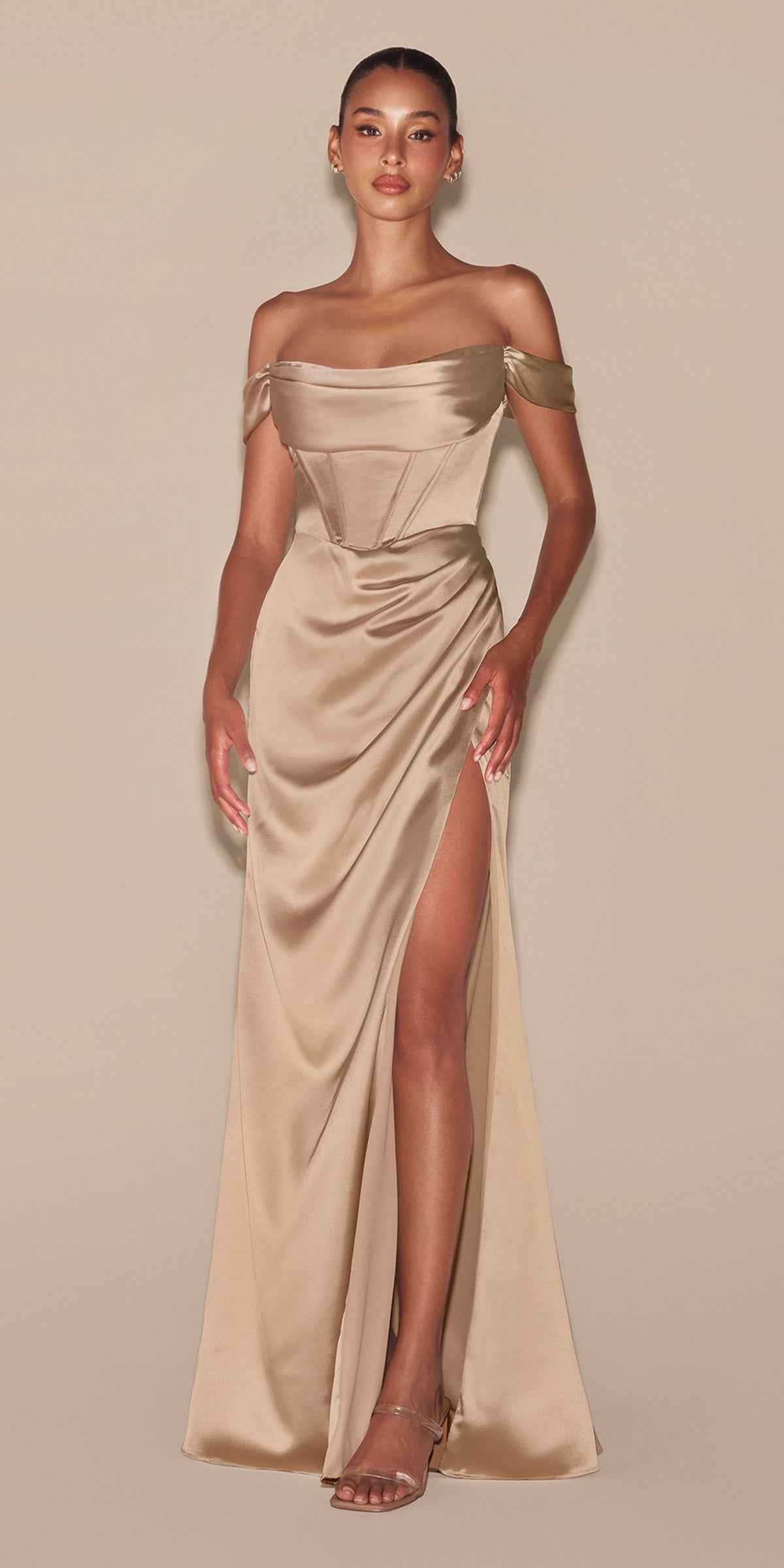 Ladivine 7492 Satin Off the Shoulder Corset Satin Formal Gown