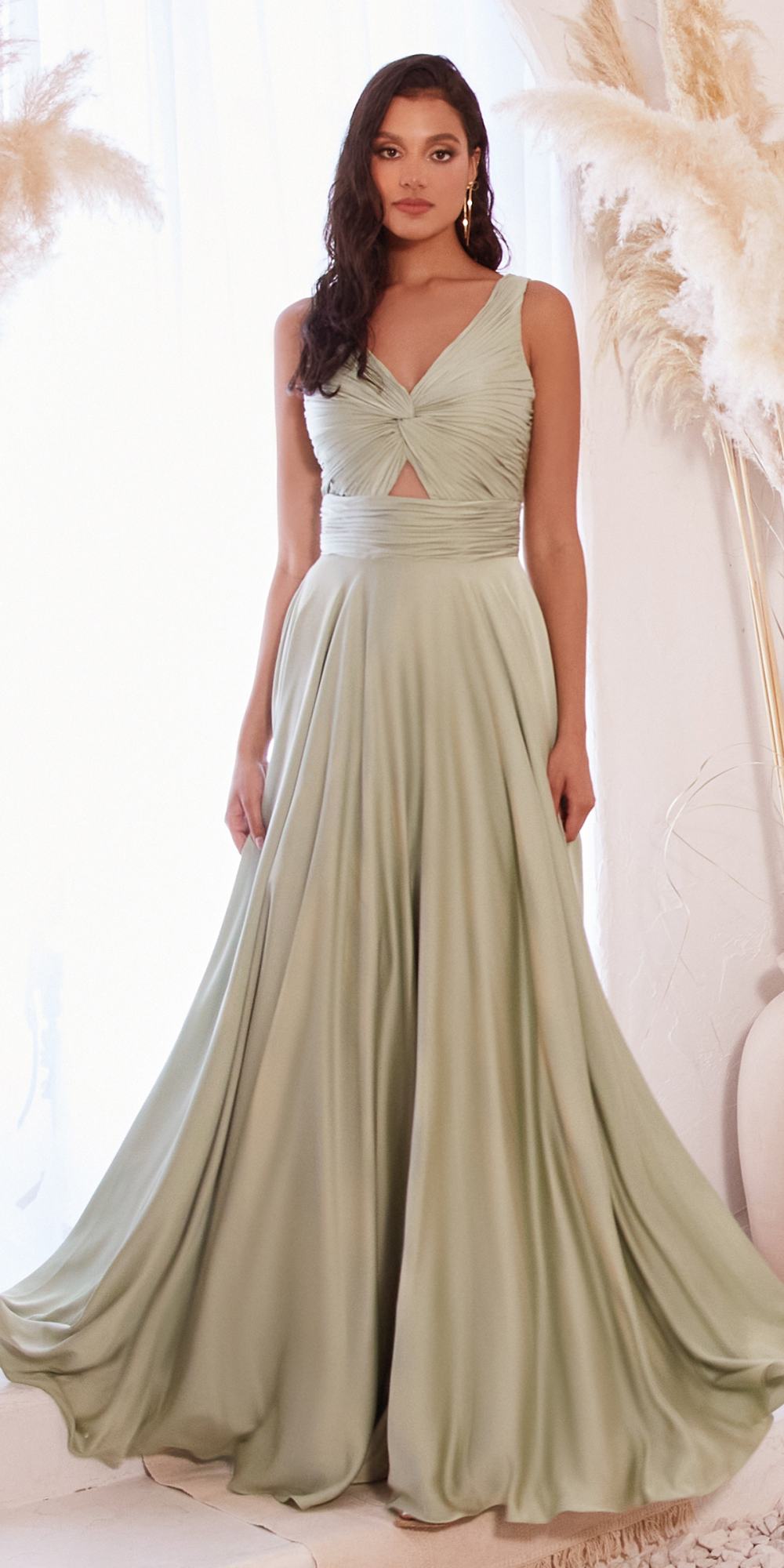 Ladivine 7497 Long A-Line Satin Keyhole Twisted Bodice Formal Gown