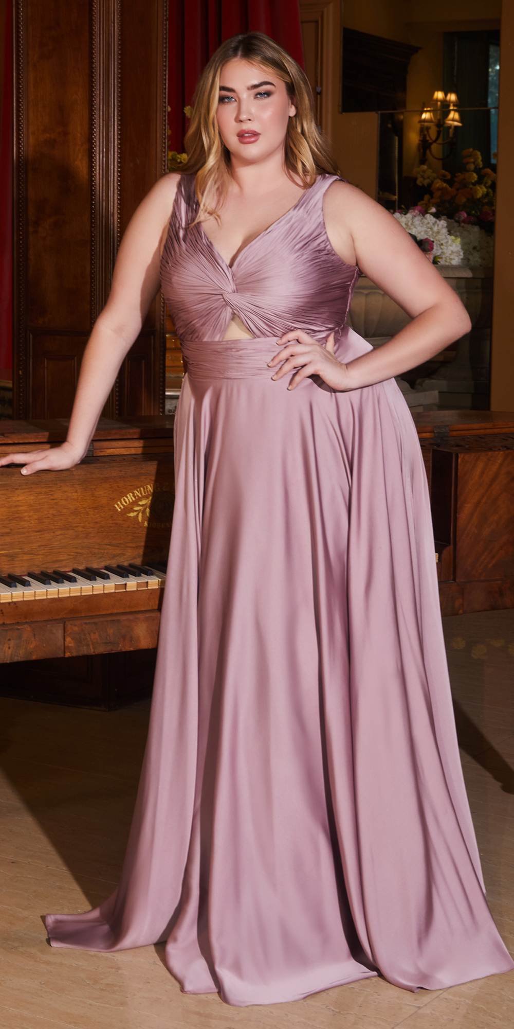 Ladivine 7497 Long A-Line Satin Keyhole Twisted Bodice Formal Gown