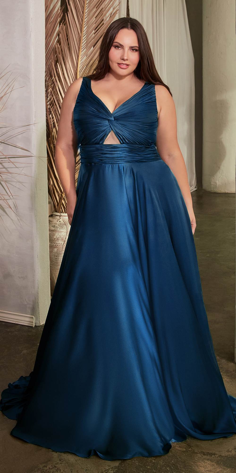 Ladivine 7497 Long A-Line Satin Keyhole Twisted Bodice Formal Gown