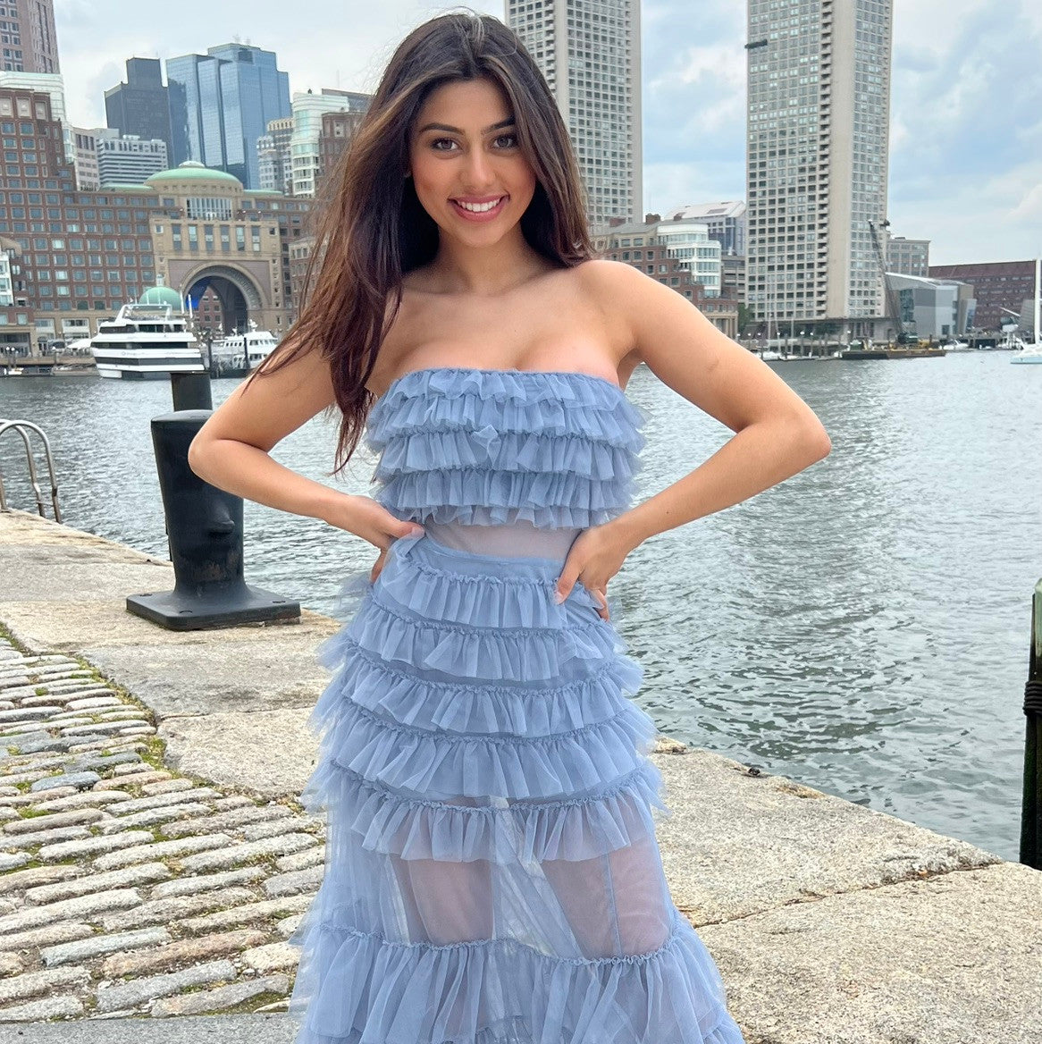 Georgia Maxi Dress - Smoky Blue - Ruffle Tulle Dress With Sheer Detail - FINAL SALE