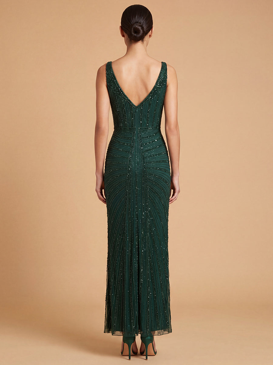 Beaded Subtle V-Neck Gown | Lara 9920