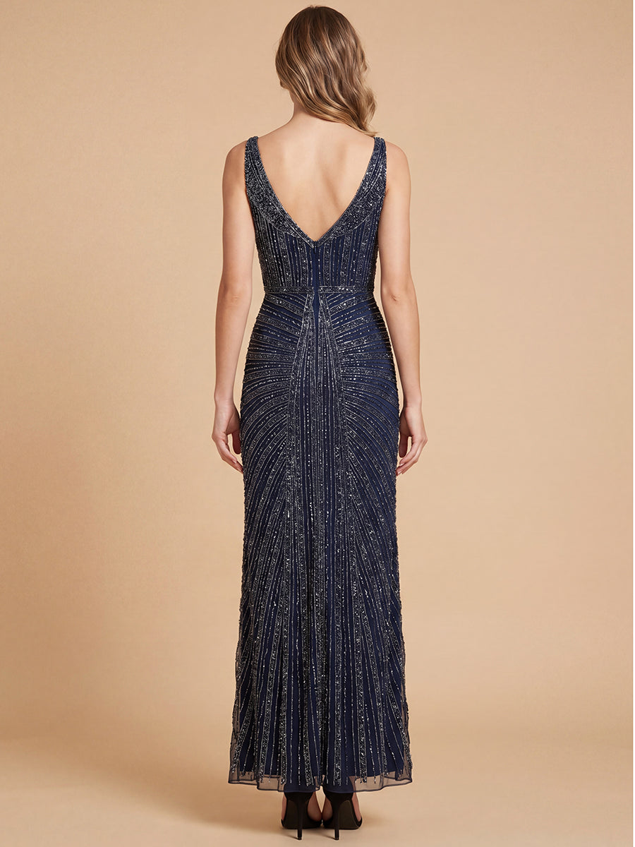 Beaded Subtle V-Neck Gown | Lara 9920