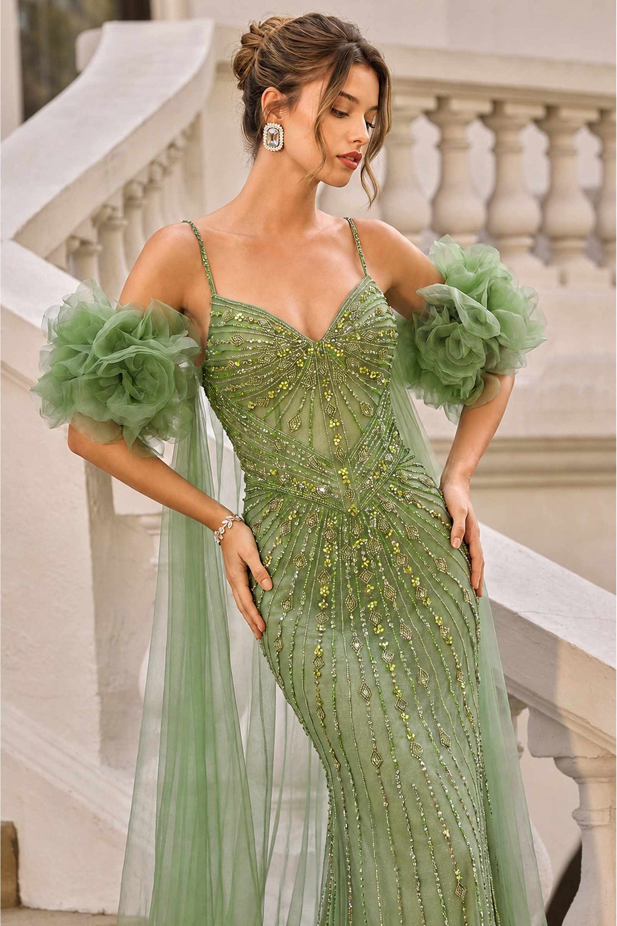 Andrea & Leo A1515 Fitted Beaded Gown with Ruffle Tulle Cape