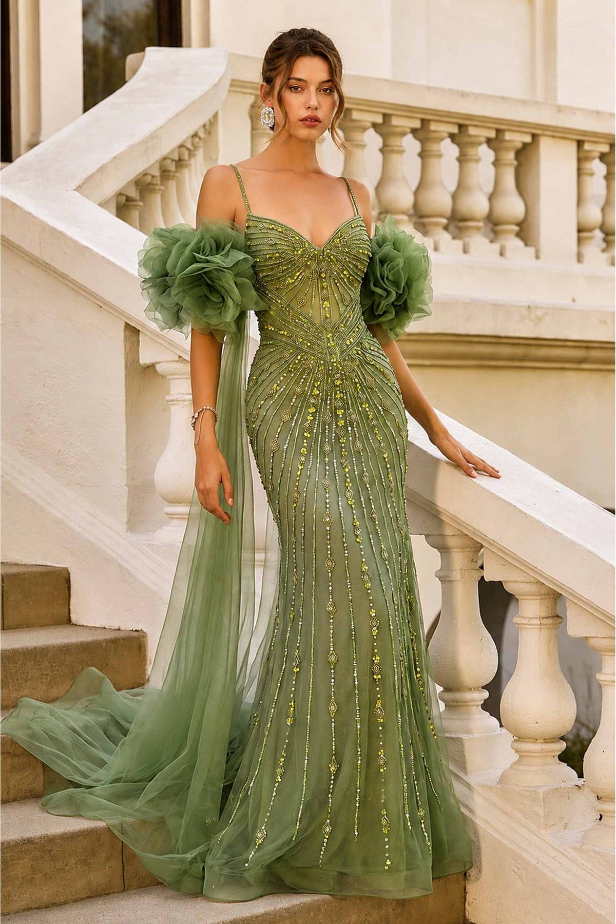 Andrea & Leo A1515 Fitted Beaded Gown with Ruffle Tulle Cape