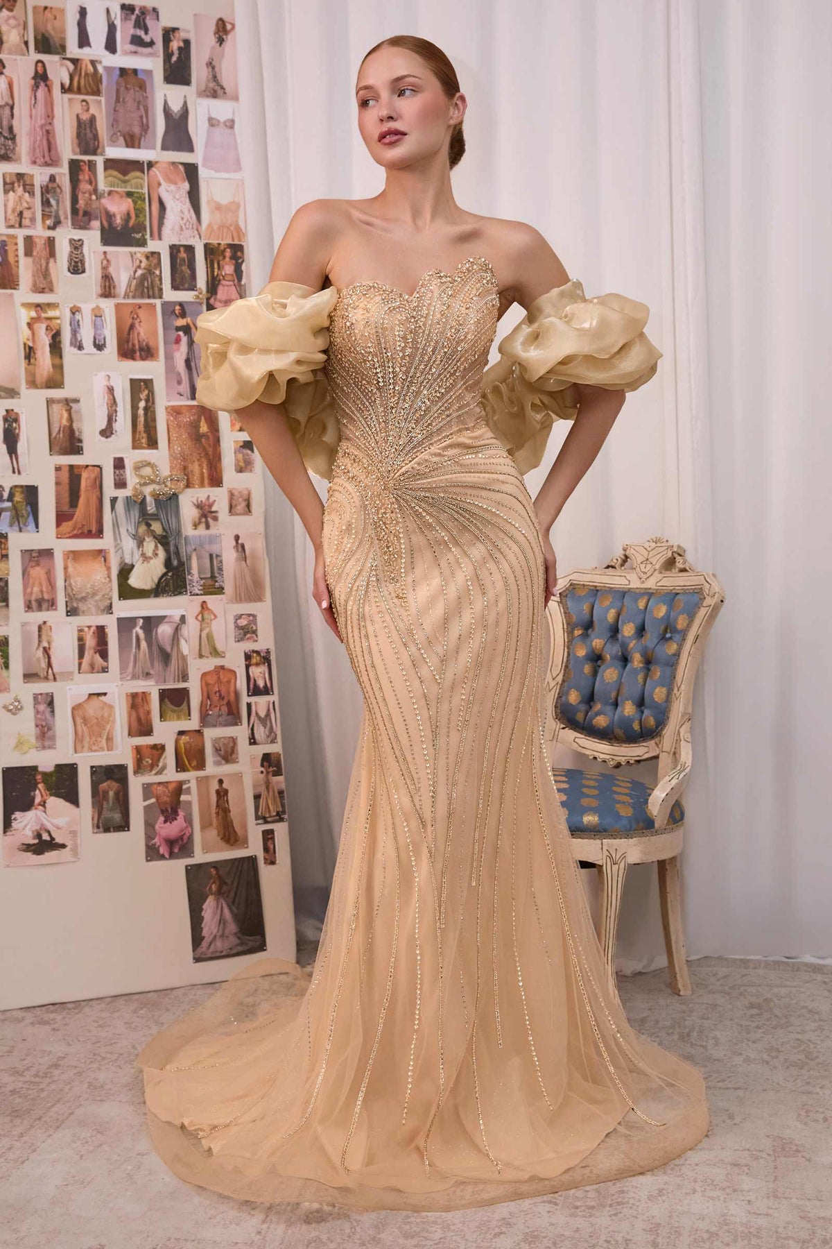 Andrea & Leo A1519 Strapless Beaded Gown With Organza Ruffle Shawl