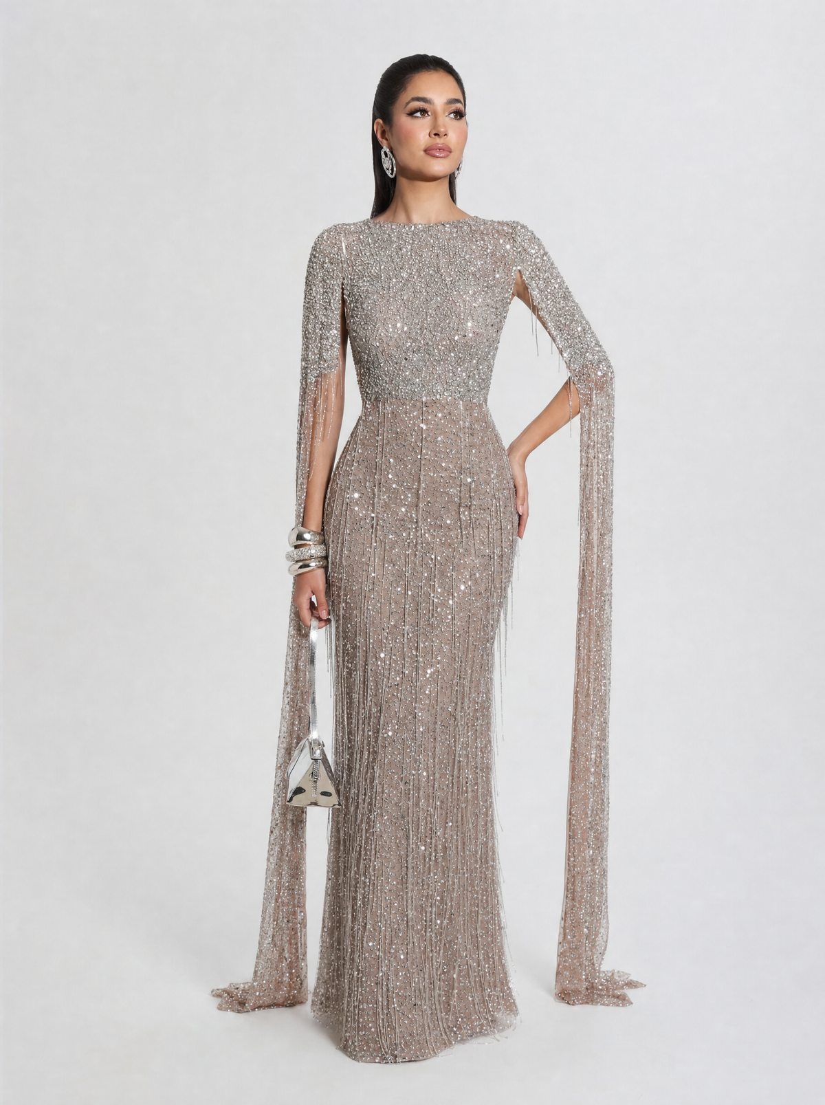 Aleya Drape Cape Sleeve Beaded Dress