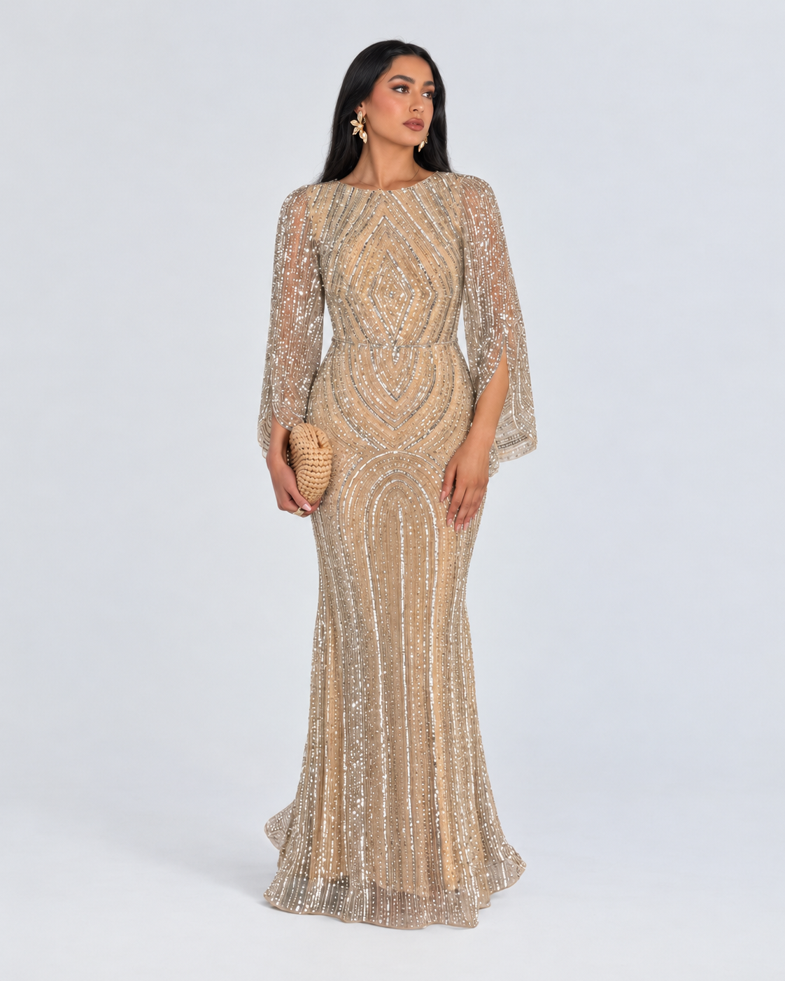 Anisa Modest Long Flare Wrist Sleeve Beaded Mermaid Gown